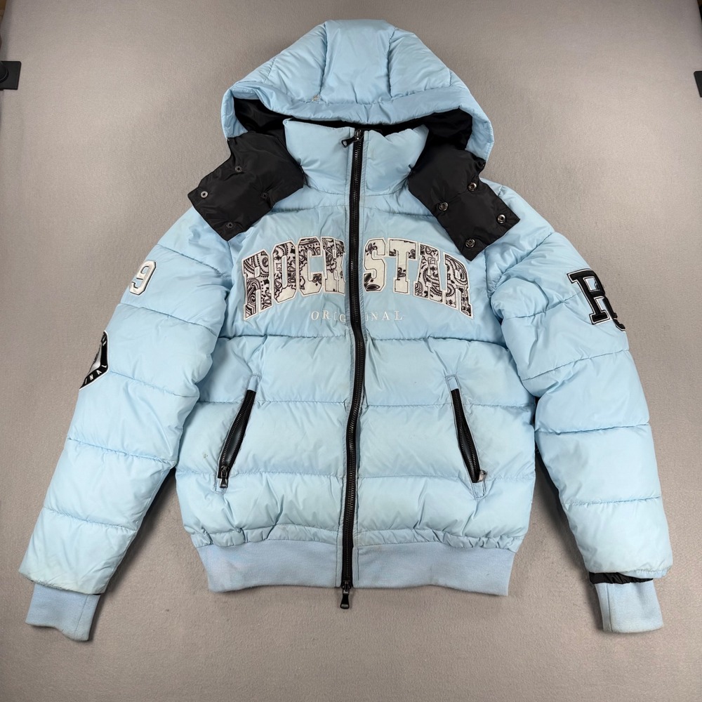 Rockstar Original Light Blue Puffer Jacket Mens Small Paisley Logo Streetwear